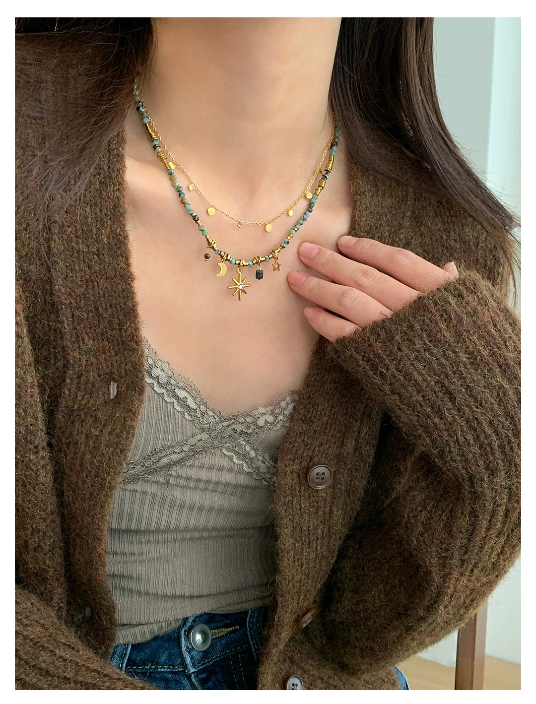 Peri'sBox Vintage Natural Stone Beads Necklace Women's Charm Mang Star Pendant Can be Stacked Jewelry Gothic Jewelry Gifts
