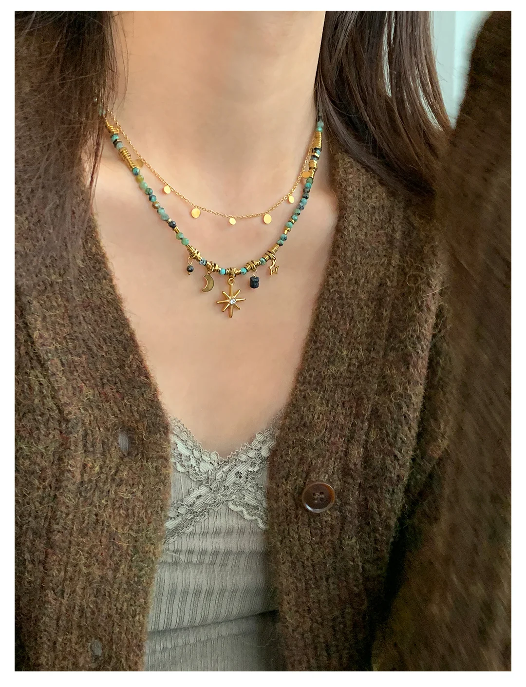 Peri'sBox Vintage Natural Stone Beads Necklace Women's Charm Mang Star Pendant Can be Stacked Jewelry Gothic Jewelry Gifts