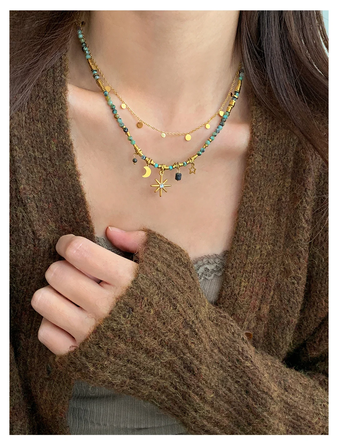 Peri'sBox Vintage Natural Stone Beads Necklace Women's Charm Mang Star Pendant Can be Stacked Jewelry Gothic Jewelry Gifts