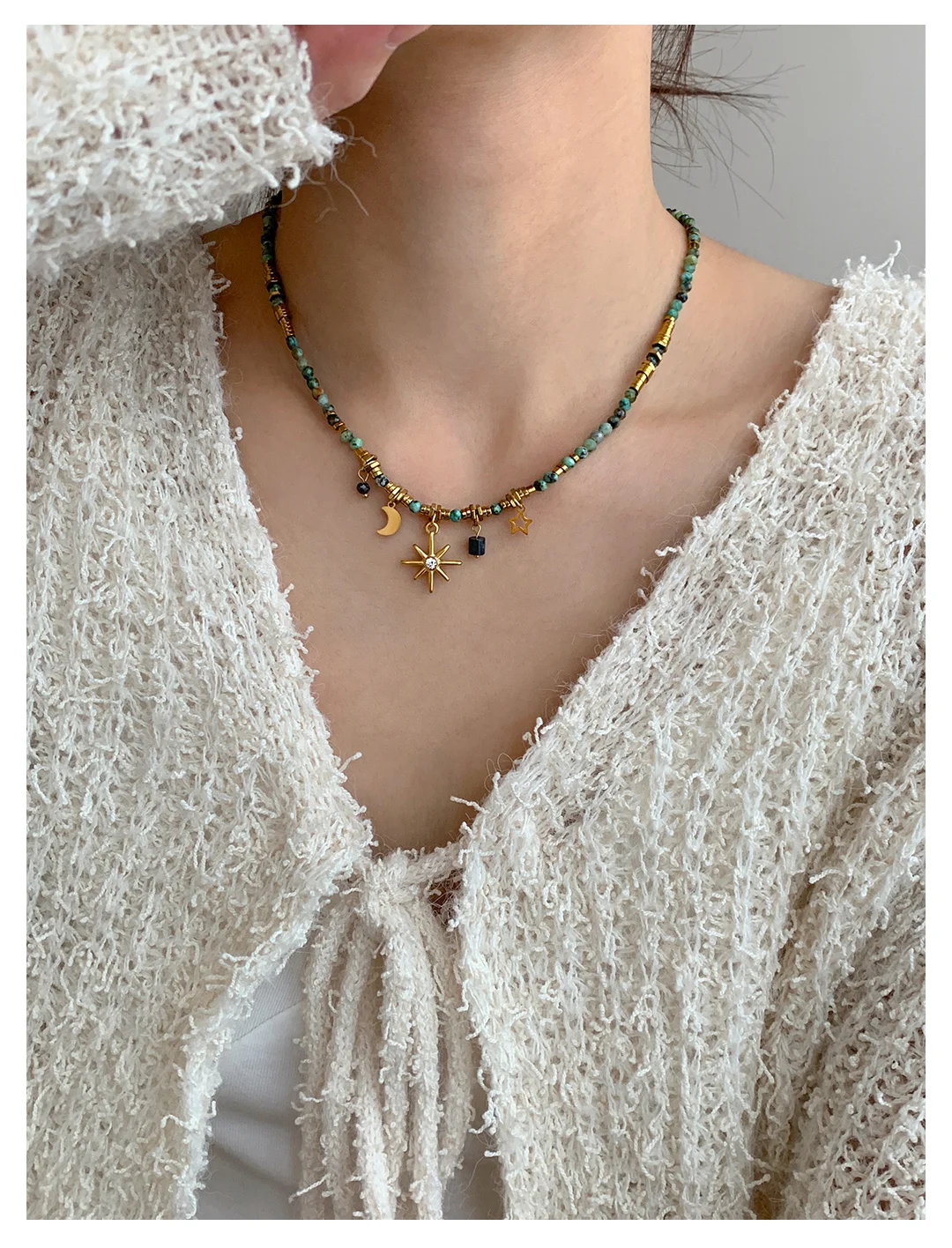 Peri'sBox Vintage Natural Stone Beads Necklace Women's Charm Mang Star Pendant Can be Stacked Jewelry Gothic Jewelry Gifts