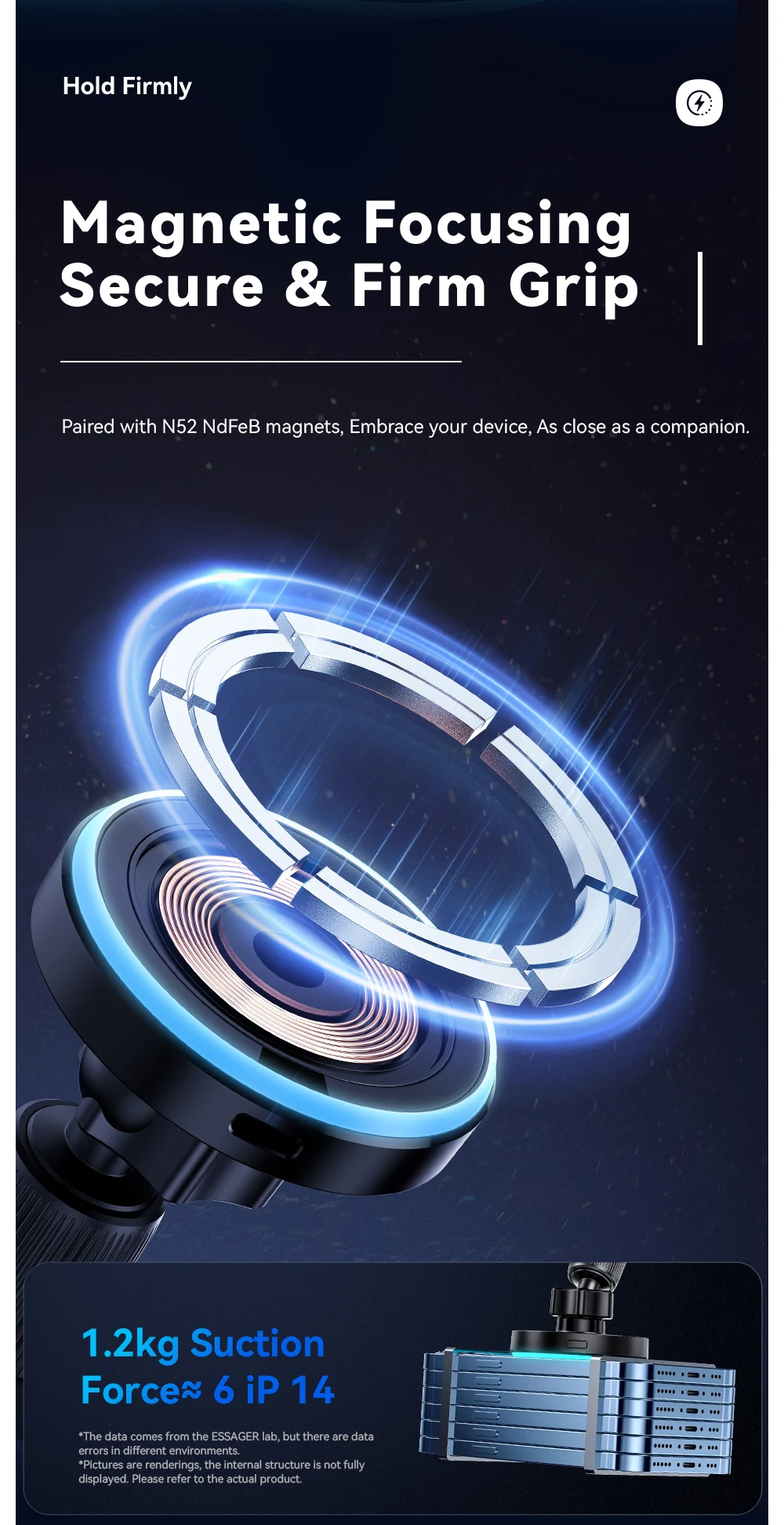 Essager Magnetic Wireless Charger Car Phone Holder 15W RGB Seven Color Light Fast Charging Mount Stand For IPhone15 14 13Android