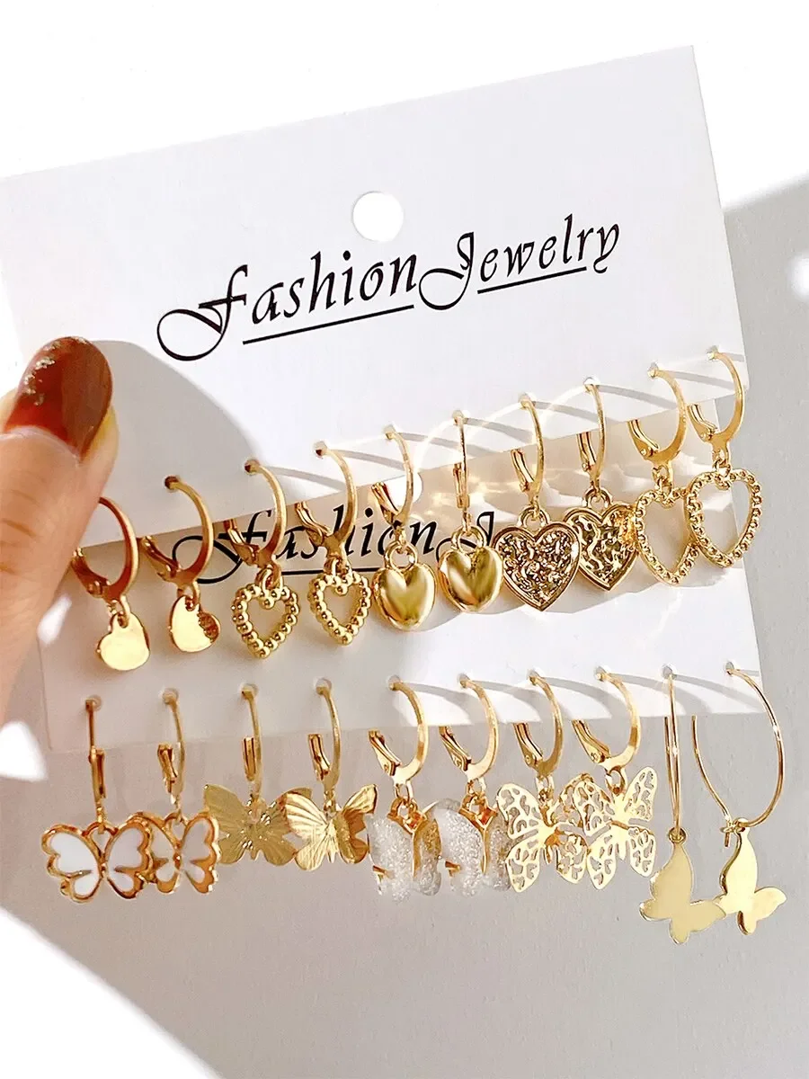 10pcs Gold Color Creative Simple Earrings Set for Women Fashion Temperament Hollowed-out Butterfly Love Earrings Jewelry Gifts