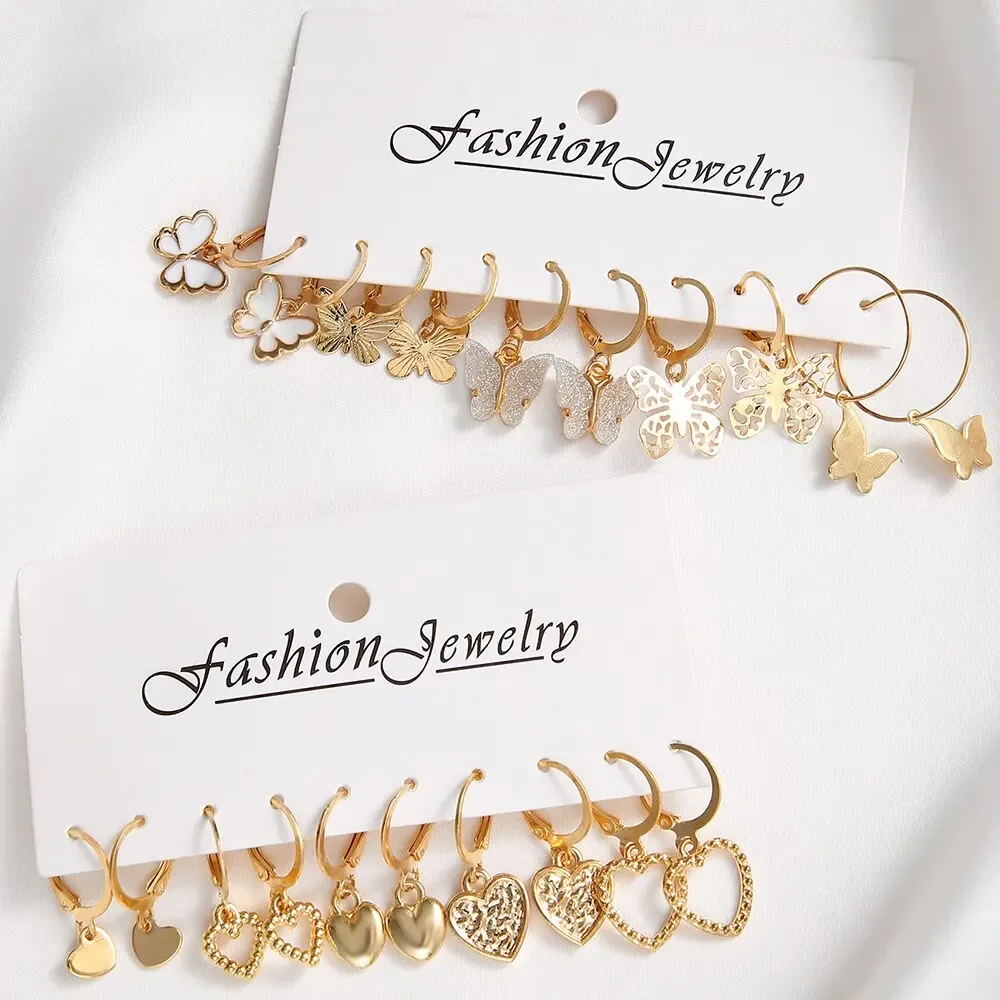 10pcs Gold Color Creative Simple Earrings Set for Women Fashion Temperament Hollowed-out Butterfly Love Earrings Jewelry Gifts