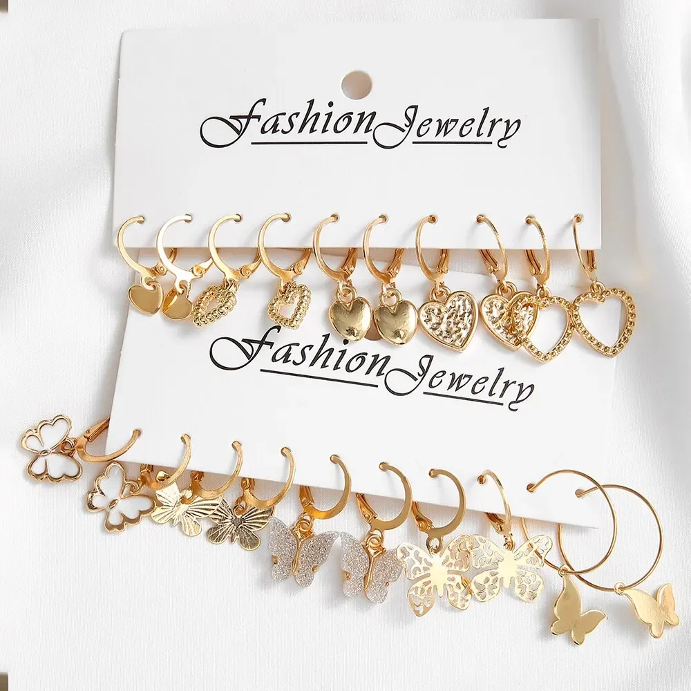 10pcs Gold Color Creative Simple Earrings Set for Women Fashion Temperament Hollowed-out Butterfly Love Earrings Jewelry Gifts