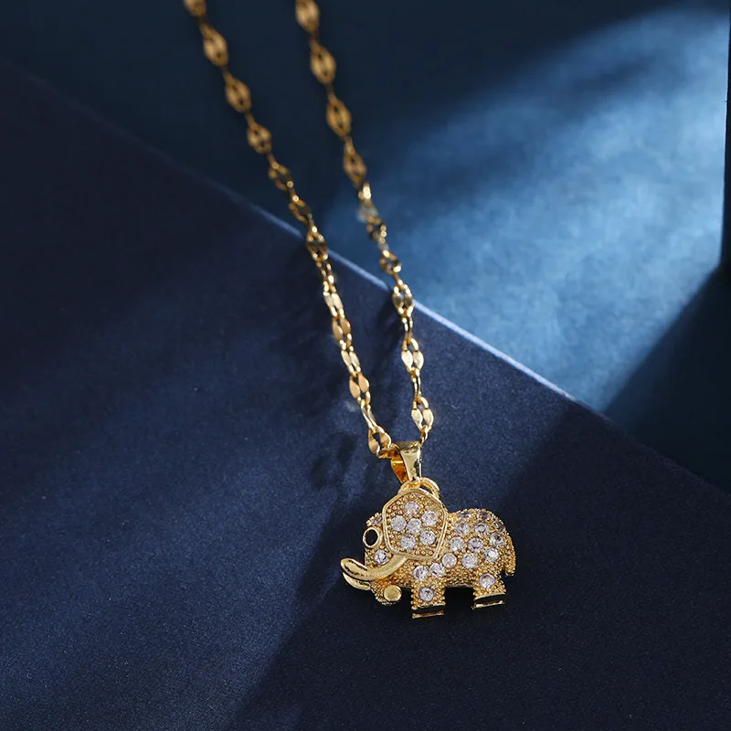 Cute Elephant Cubic Zirconia Pendant Necklaces For Women and Men Golden Copper Metal Necklace Versatile Daily Party Jewelry