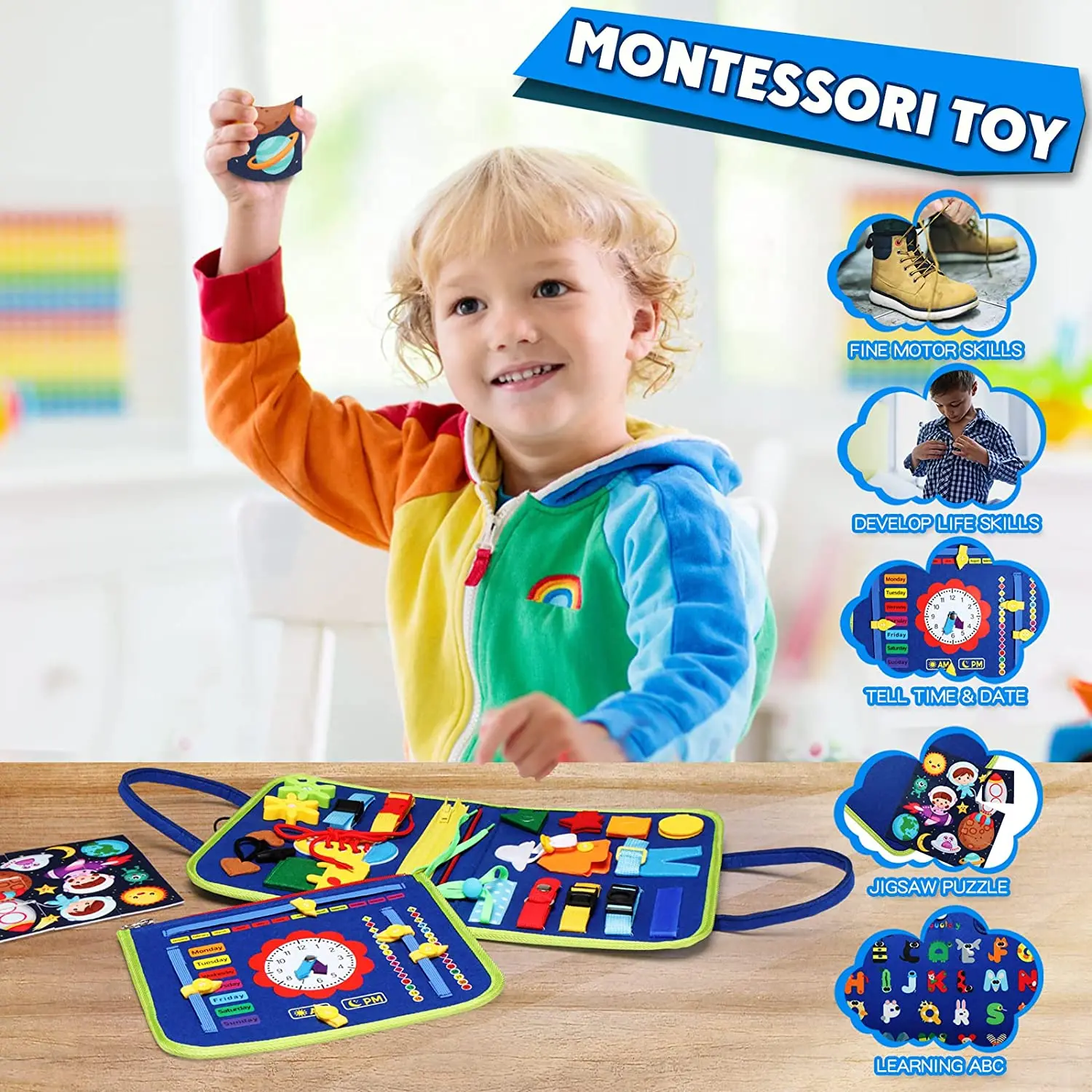Montessori Toys Busy Board Sensory Activity Developing Board for Motor Skills,Learning Board for Toddlers Birthday gift