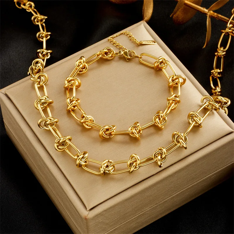316L Stainless Steel Gold Silver Color Twist Knot Necklace Bracelets For Womens Girl New Fashion Non-fading Jewelry Set