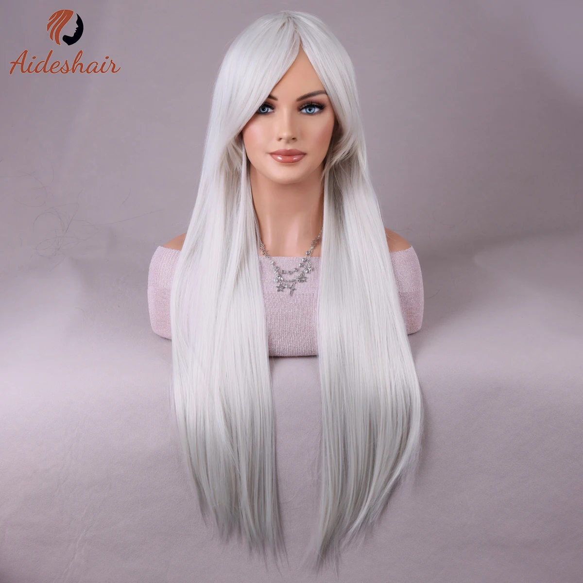White wig with bangs Natural Length Straight wig for women Heat Resistant Fiber Synthetic wig for everyday Cosplay (28 inches)