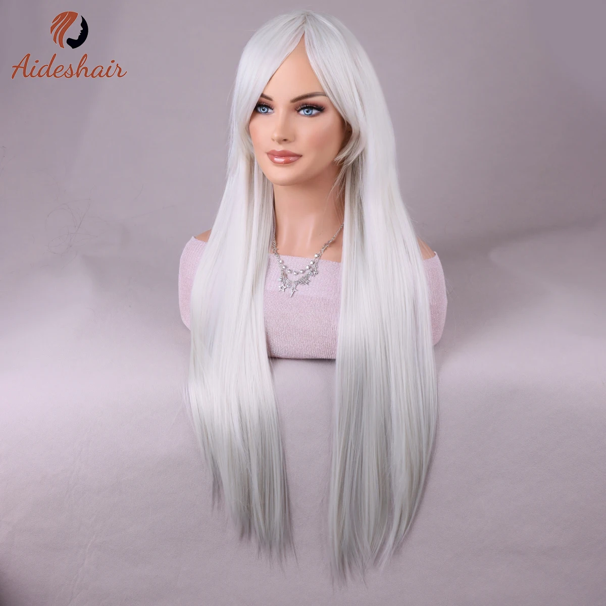White wig with bangs Natural Length Straight wig for women Heat Resistant Fiber Synthetic wig for everyday Cosplay (28 inches)