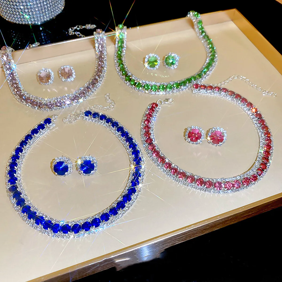 FYUAN Luxury Crystal Necklace Earrings Green Rose Pink Blue Necklace for Women Weddings Party Jewelry Sets Accessories
