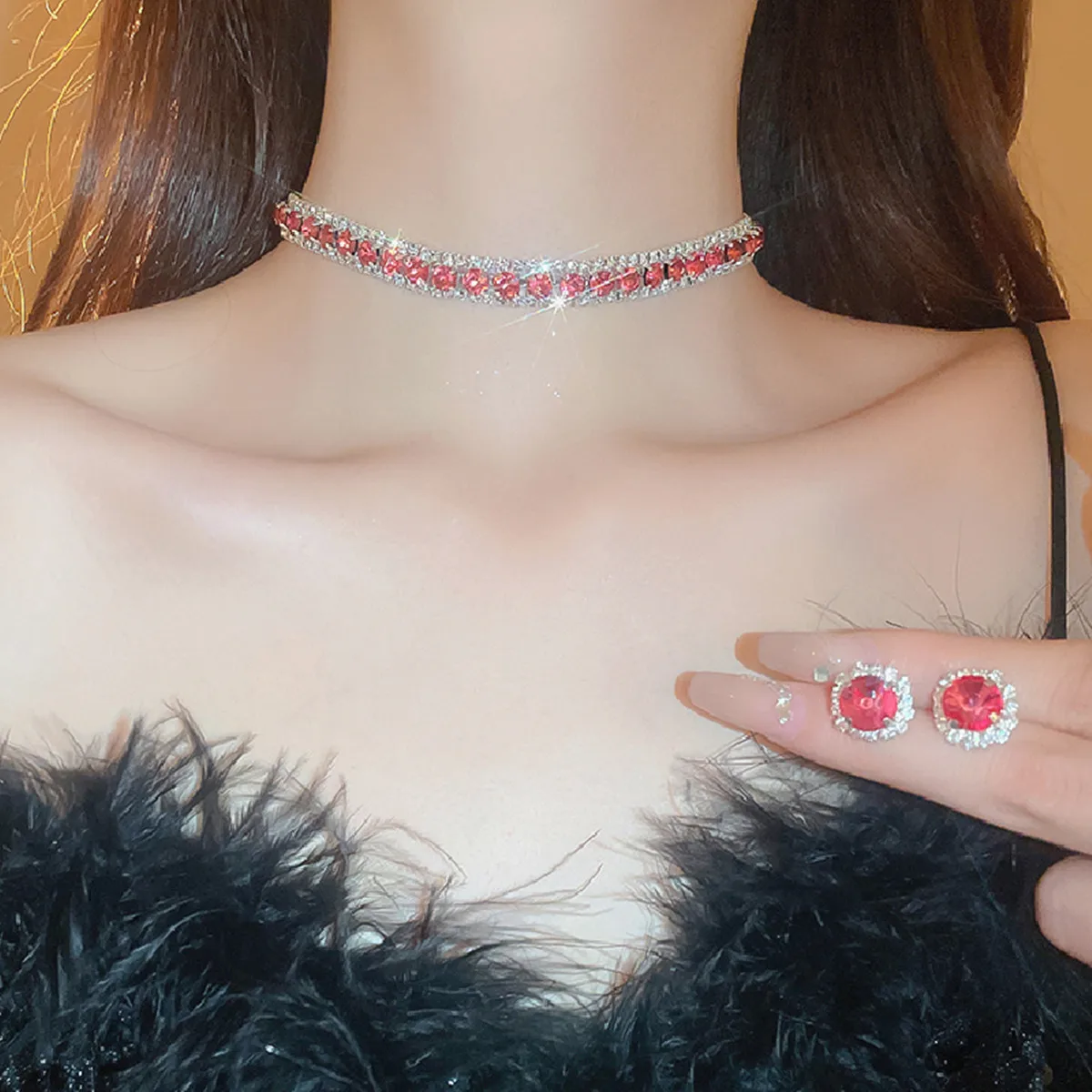FYUAN Luxury Crystal Necklace Earrings Green Rose Pink Blue Necklace for Women Weddings Party Jewelry Sets Accessories
