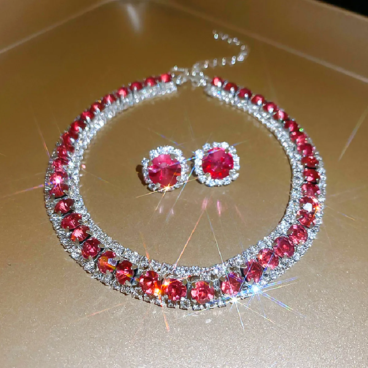 FYUAN Luxury Crystal Necklace Earrings Green Rose Pink Blue Necklace for Women Weddings Party Jewelry Sets Accessories