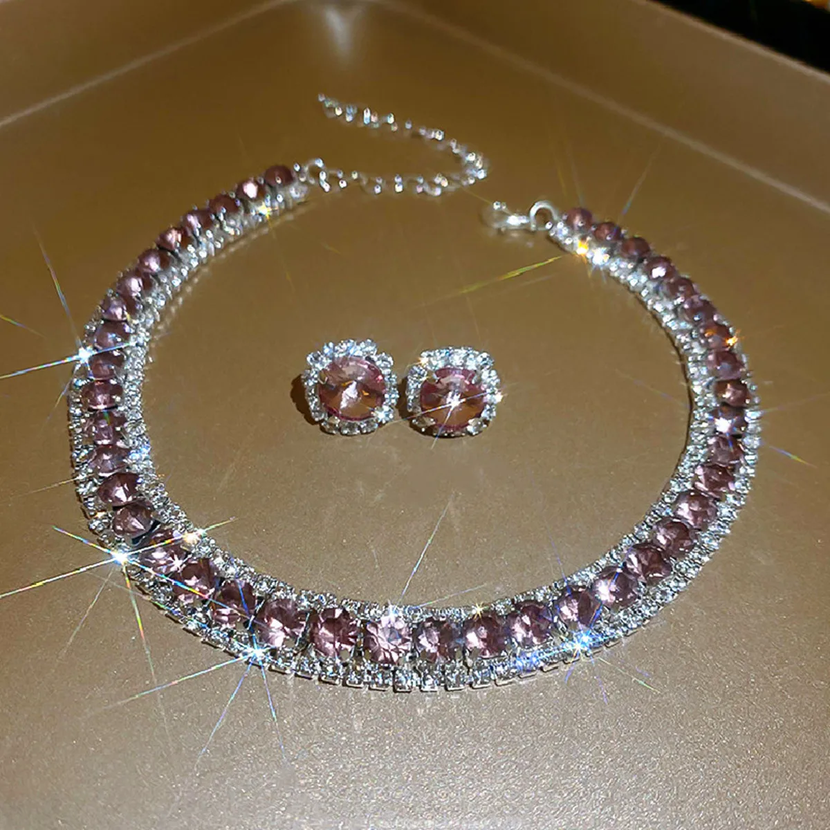 FYUAN Luxury Crystal Necklace Earrings Green Rose Pink Blue Necklace for Women Weddings Party Jewelry Sets Accessories
