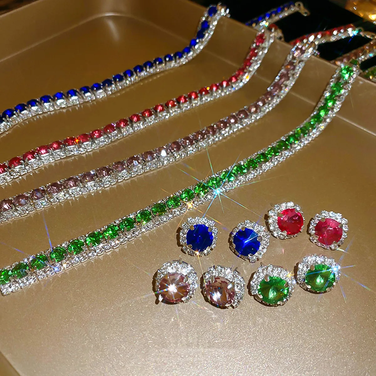 FYUAN Luxury Crystal Necklace Earrings Green Rose Pink Blue Necklace for Women Weddings Party Jewelry Sets Accessories