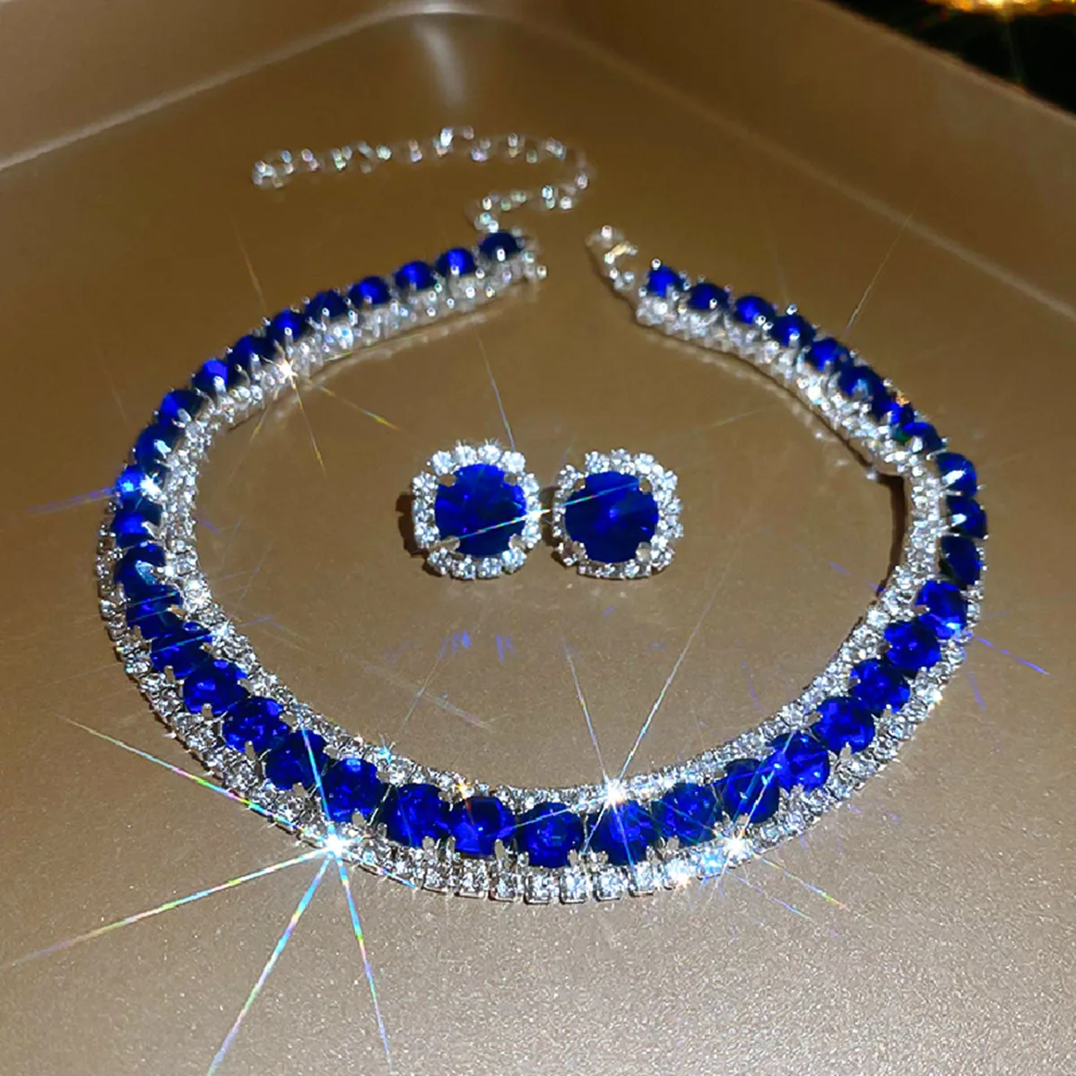 FYUAN Luxury Crystal Necklace Earrings Green Rose Pink Blue Necklace for Women Weddings Party Jewelry Sets Accessories