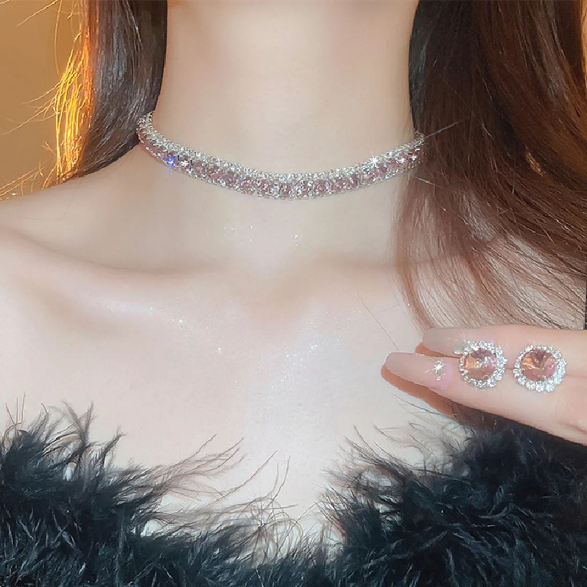 FYUAN Luxury Crystal Necklace Earrings Green Rose Pink Blue Necklace for Women Weddings Party Jewelry Sets Accessories