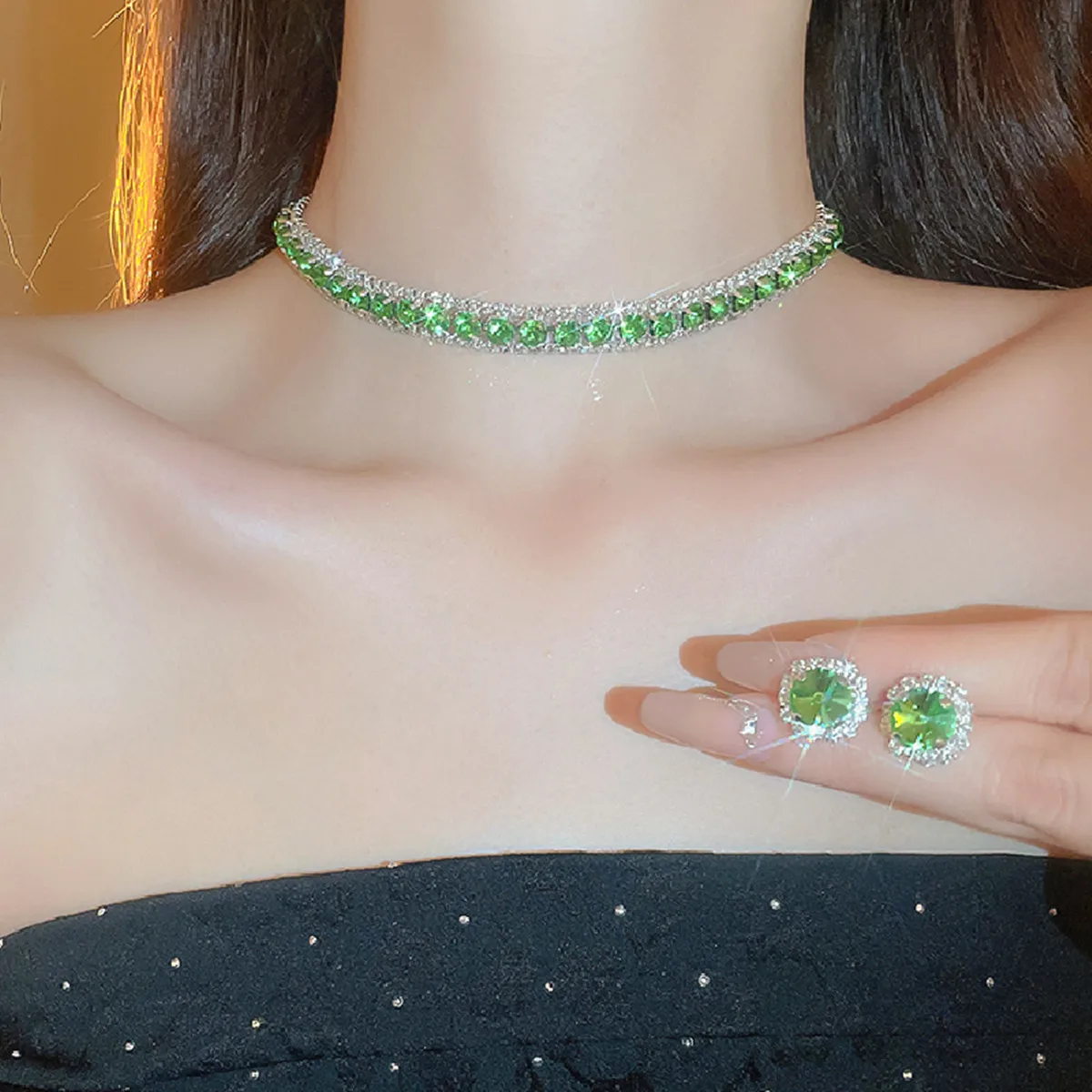 FYUAN Luxury Crystal Necklace Earrings Green Rose Pink Blue Necklace for Women Weddings Party Jewelry Sets Accessories