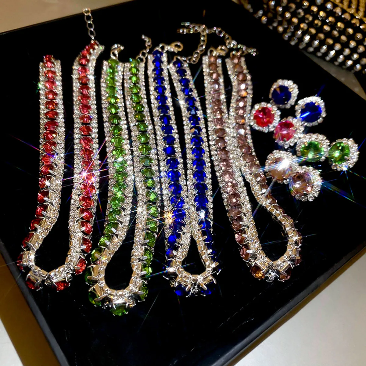 FYUAN Luxury Crystal Necklace Earrings Green Rose Pink Blue Necklace for Women Weddings Party Jewelry Sets Accessories