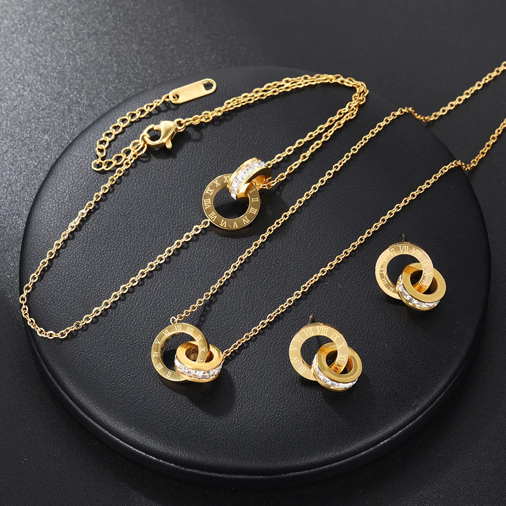 Women's Classic Stainless Steel Roman Numerals Necklace Bracelet Earrings Set - Versatile Simple Daily Jewelry