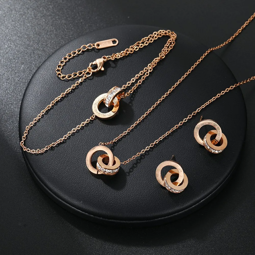 Women's Classic Stainless Steel Roman Numerals Necklace Bracelet Earrings Set - Versatile Simple Daily Jewelry