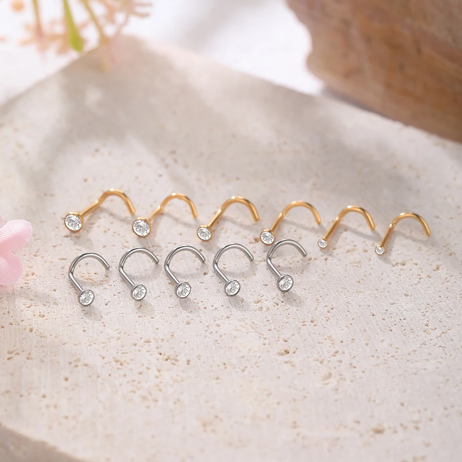 1/5PCS Titanium 1.5/2/2.5/3mm Gem Nose Stud Piercing Earring Gold Color Nose Screw Prong CZ Nose Nostril Piercings Retainer Gift