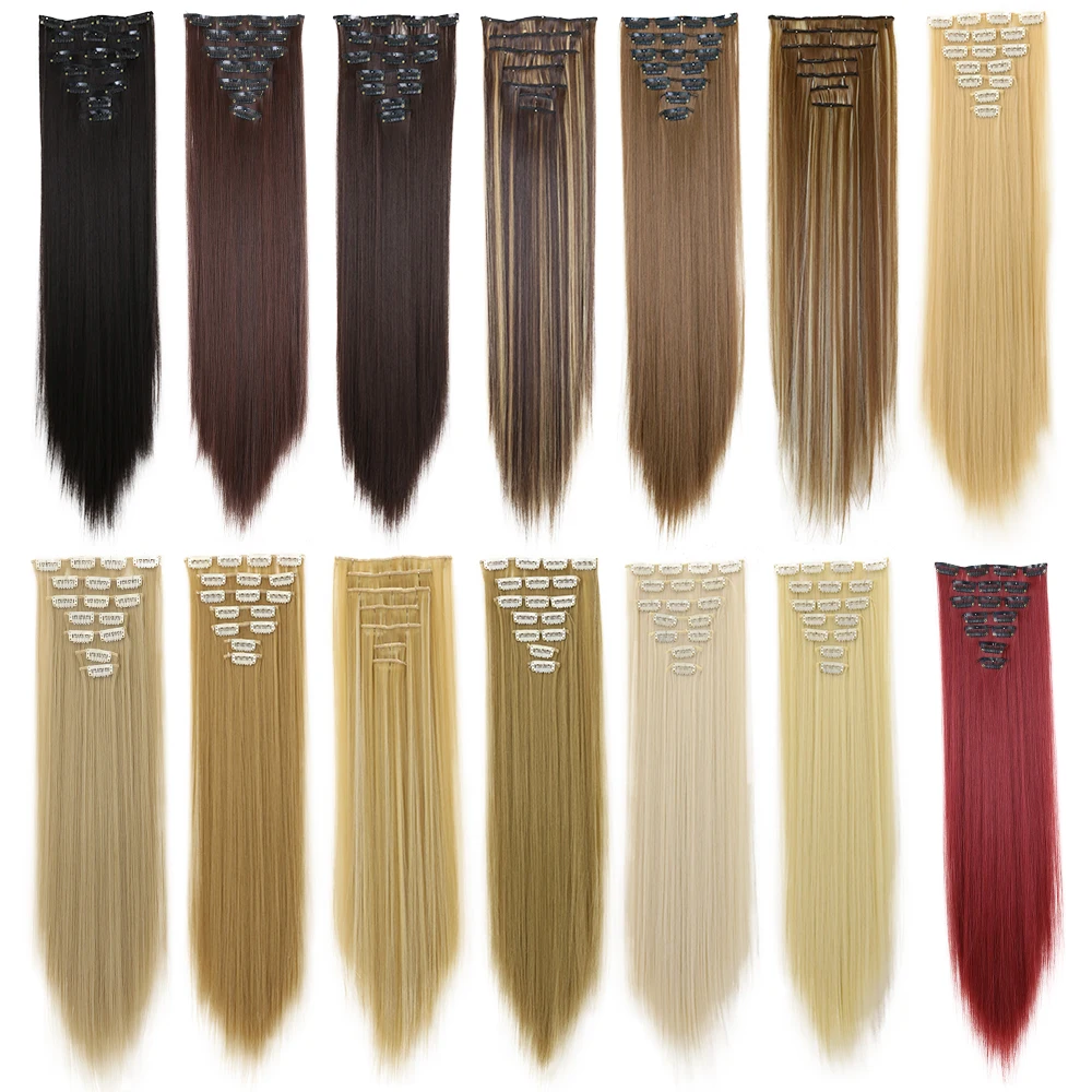 LANSA 7Clips Long Straight Synthetic Clip On Hair Extensions Cheveux Clip Naturel High Temperature Fiber Black Brown Hairpiece