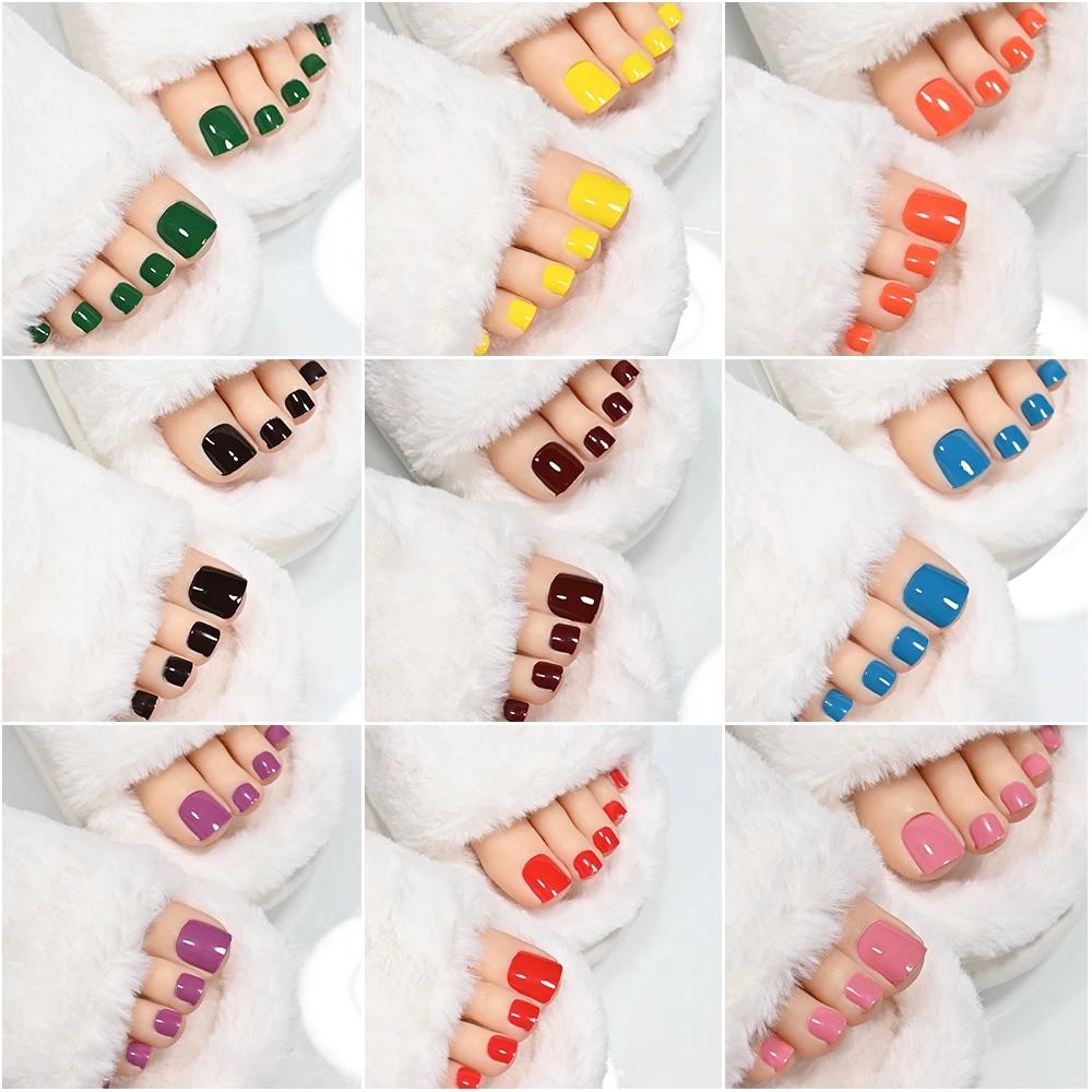 1Sheet=22Tips Glossy Red Toe Nail Stickers Full Cover Solid Color Press On Toenails Patch UV Baking Free Foot Gel Polish Wraps #
