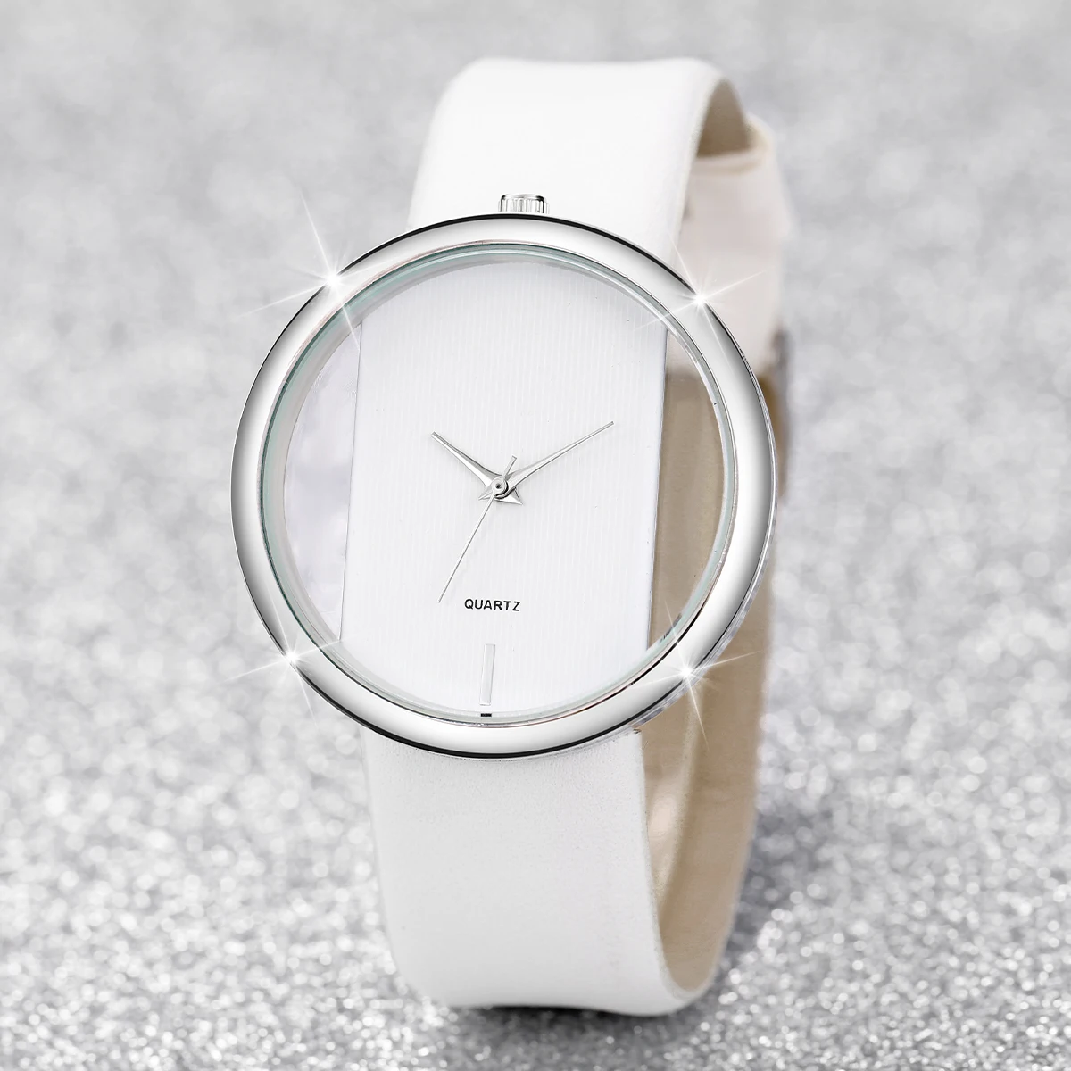 2PCS/Set Women's Watch Pearl Diamond Bracelet Set Fashion Hollow Dial Leather Band Quartz Watches(Without Box)