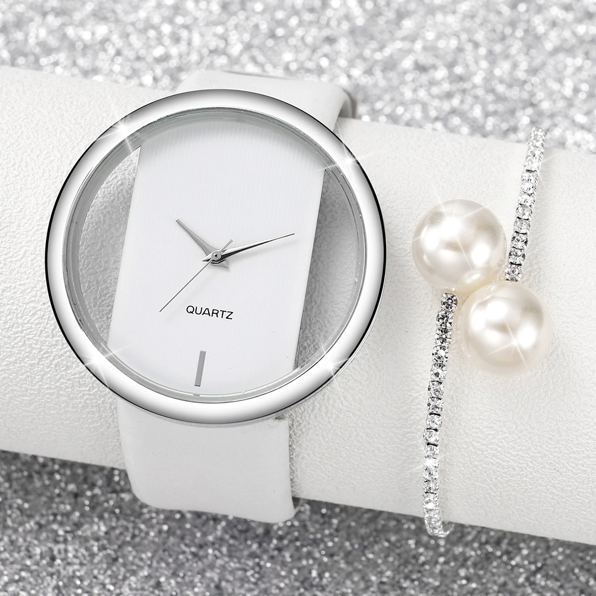 2PCS/Set Women's Watch Pearl Diamond Bracelet Set Fashion Hollow Dial Leather Band Quartz Watches(Without Box)