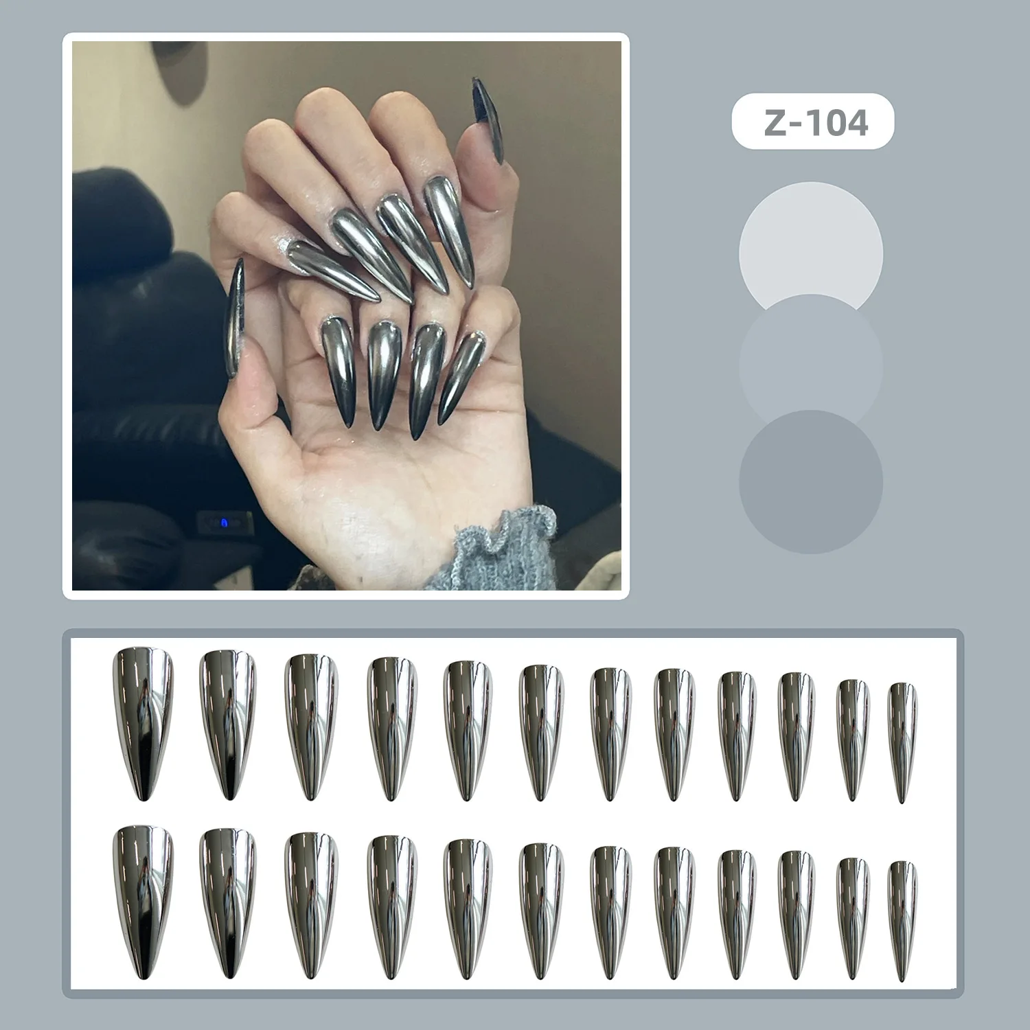 24pcs Punk Metal Fake Nails Press On Finished Long Pointed Silver Mirror y2k Nail Tips Full Cover Stiletto False Nails For Girl