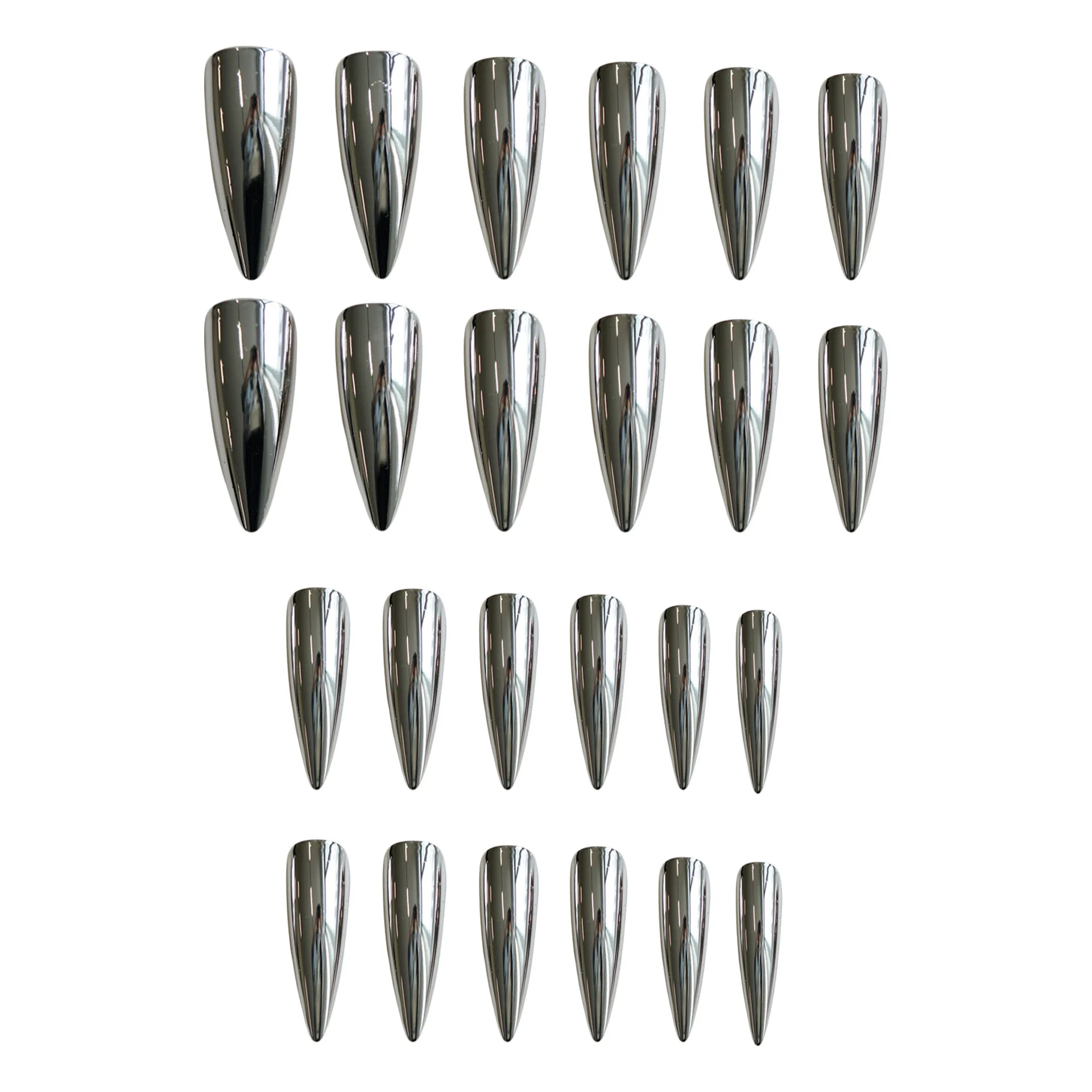 24pcs Punk Metal Fake Nails Press On Finished Long Pointed Silver Mirror y2k Nail Tips Full Cover Stiletto False Nails For Girl