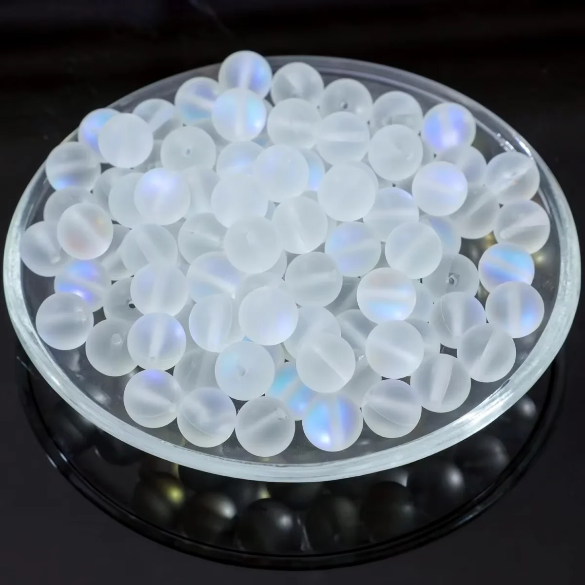 Matte White Aurora Crystal Glass Beads, 6/8/10MM Frosted Glitter Shining Mermaid Round Loose Beads, Rainbow Holographic