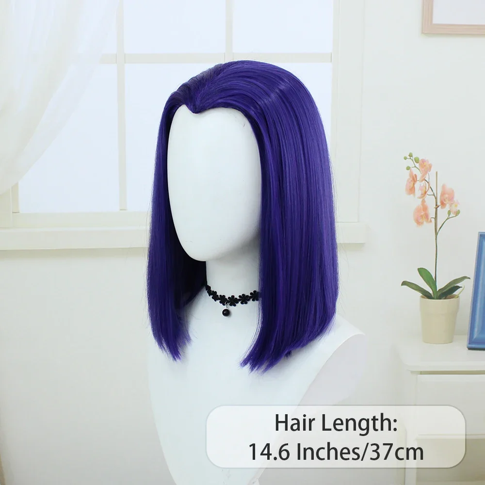 Short Purple Synthetic Costume Wig for Raven Superhero Cosplay Straight Middle Part Bob 14Inches for Dress Up Party Festival