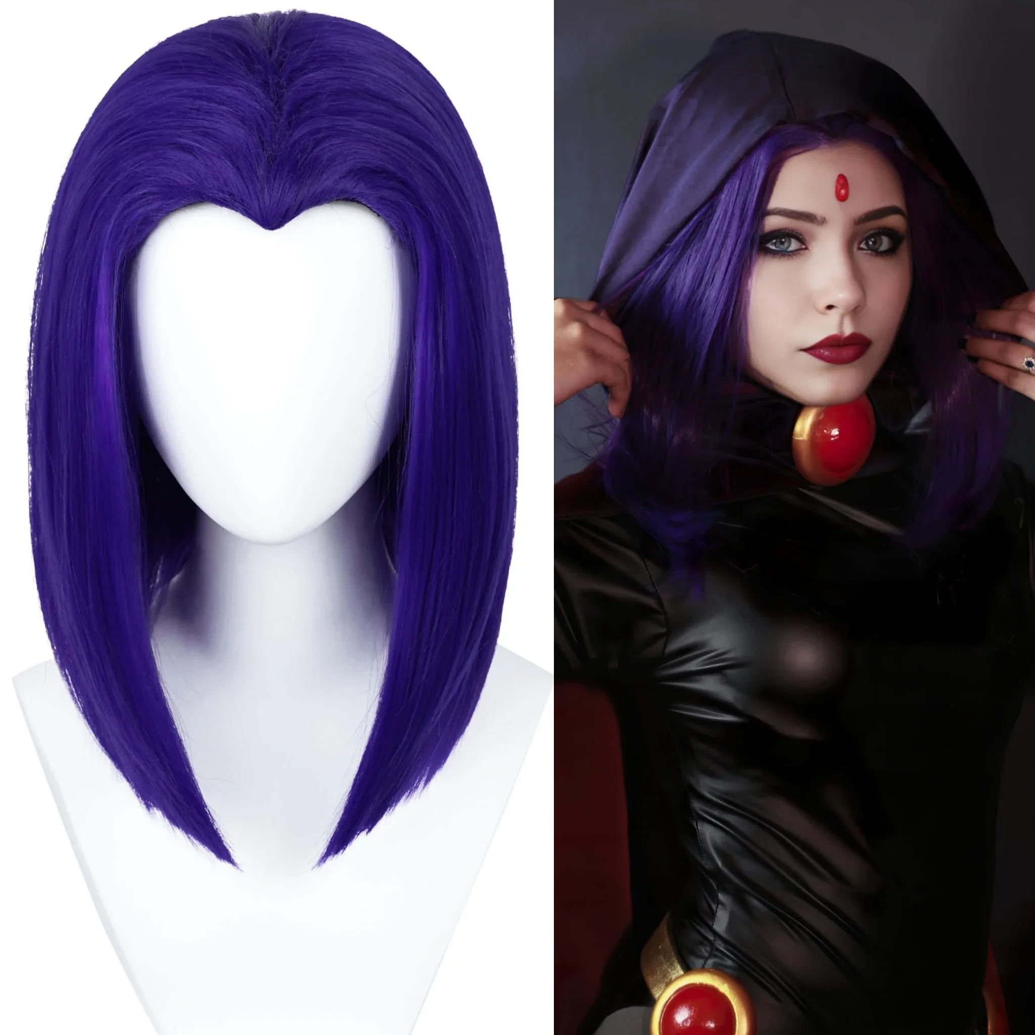 Short Purple Synthetic Costume Wig for Raven Superhero Cosplay Straight Middle Part Bob 14Inches for Dress Up Party Festival