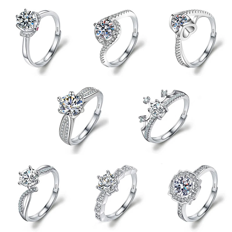 Moissanite Engagement Finger Rings Inlaid Diamond Open Ring For Women 925 Silver Promise Wedding Adjustable Rings Fine Jewelry