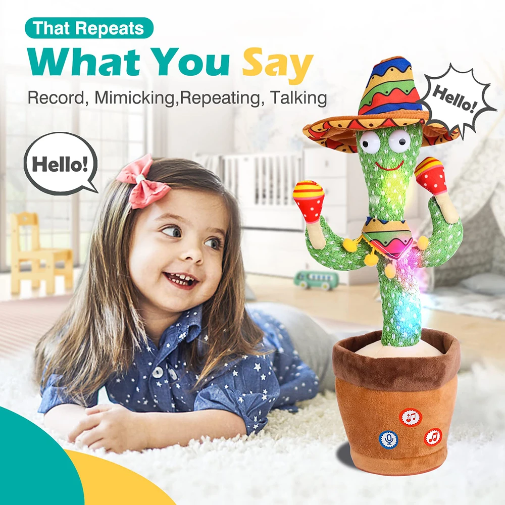 Dancing Talking Cactus Singing Talking Recording Mimic Repeating What You Say Toy Electronic Light Up Plush Give for Kids Gifts