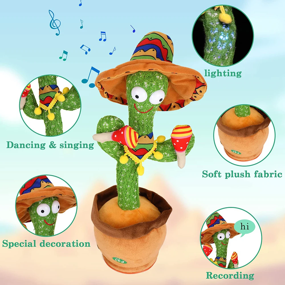 Dancing Talking Cactus Singing Talking Recording Mimic Repeating What You Say Toy Electronic Light Up Plush Give for Kids Gifts