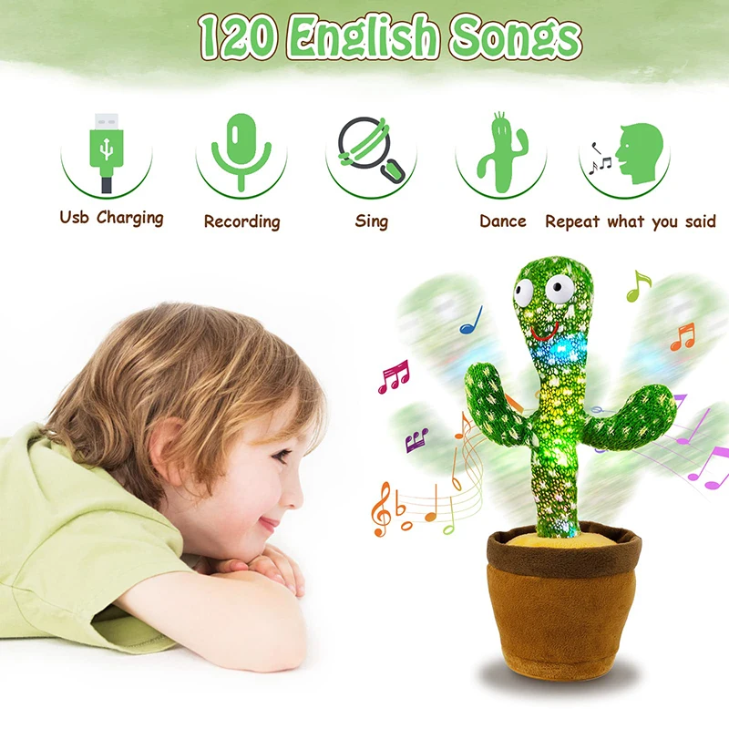 Dancing Talking Cactus Singing Talking Recording Mimic Repeating What You Say Toy Electronic Light Up Plush Give for Kids Gifts