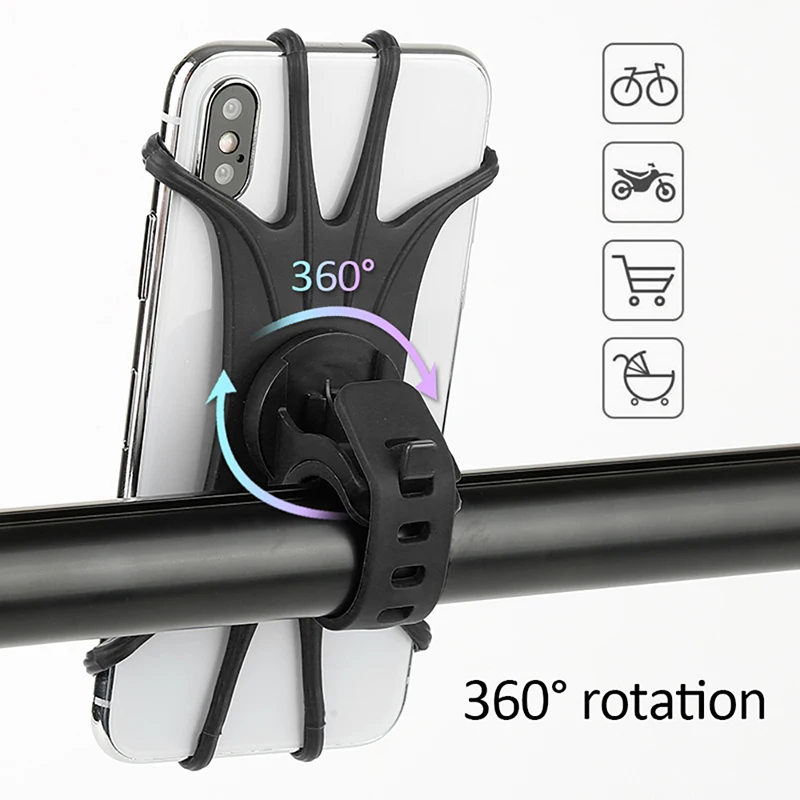 Universal Bicycle Mobile Phone Holder 360 Rotating Silicone Bike GPS Clip Mount Baby Stroller Stand Motorcycle Handlebar Bracket