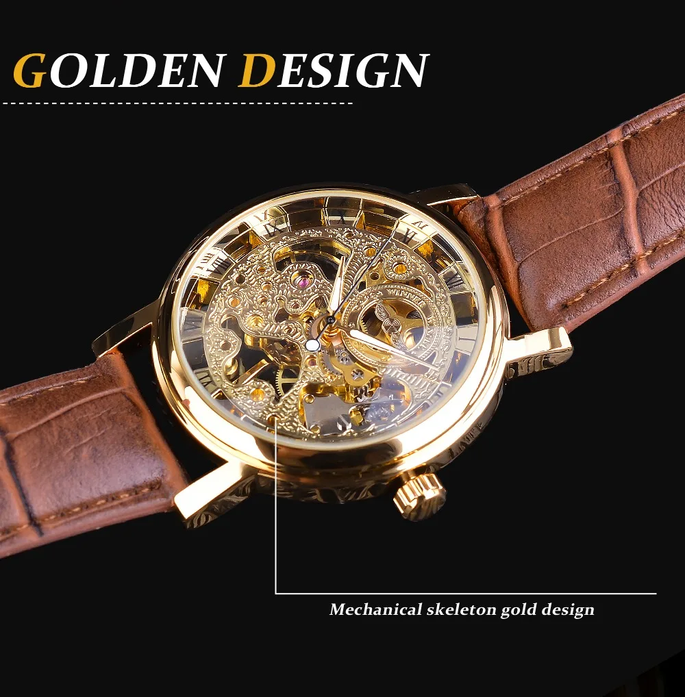 Winner Transparent Fashion Case Luxury Casual Design Leather Strap Mens Watches Top Brand Luxury Mechanical Skeleton Watch