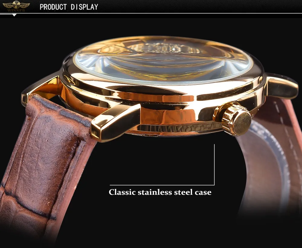Winner Transparent Fashion Case Luxury Casual Design Leather Strap Mens Watches Top Brand Luxury Mechanical Skeleton Watch