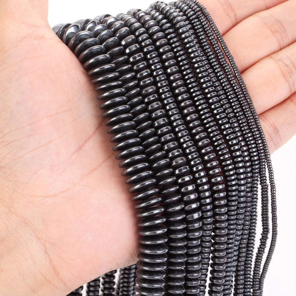 Natural Stone Black Thick Flat Beads Hematite Loose Spacer Beads for Jewelry Making DIY Bracelet Necklace Needlework Accessories
