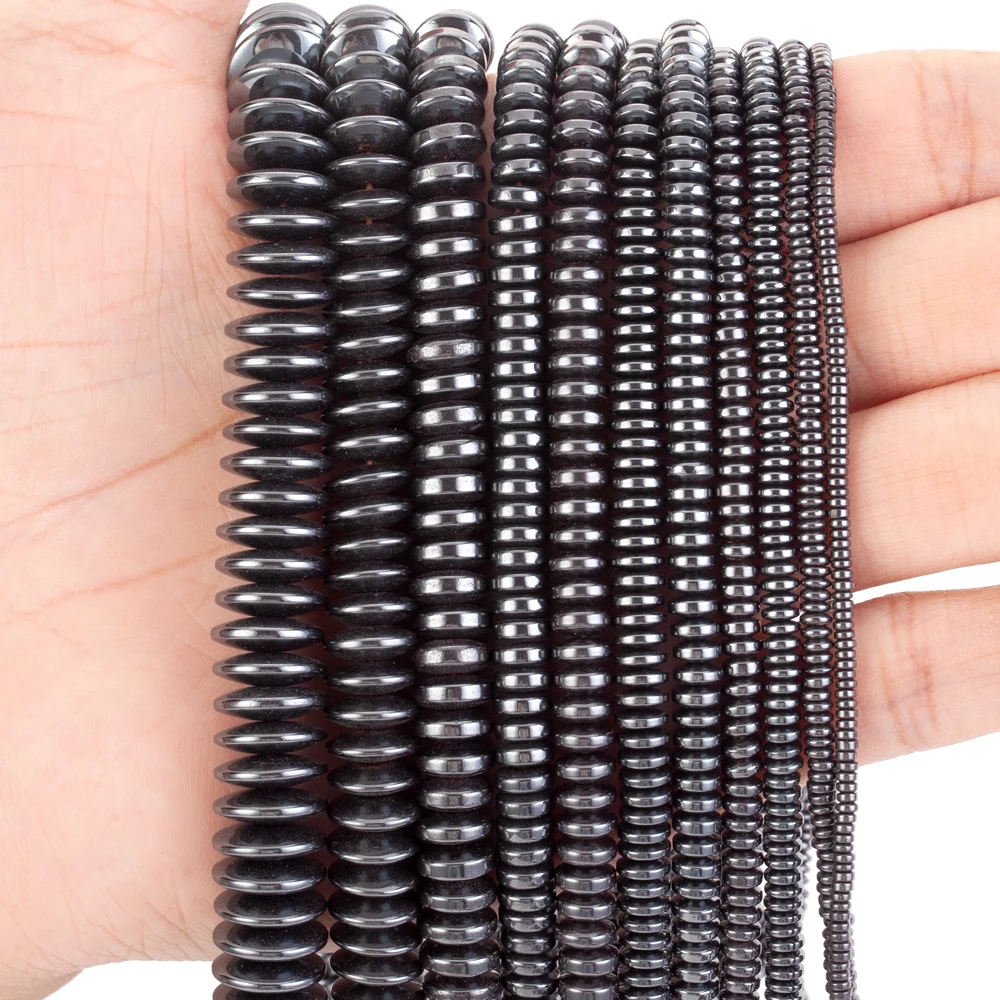 Natural Stone Black Thick Flat Beads Hematite Loose Spacer Beads for Jewelry Making DIY Bracelet Necklace Needlework Accessories