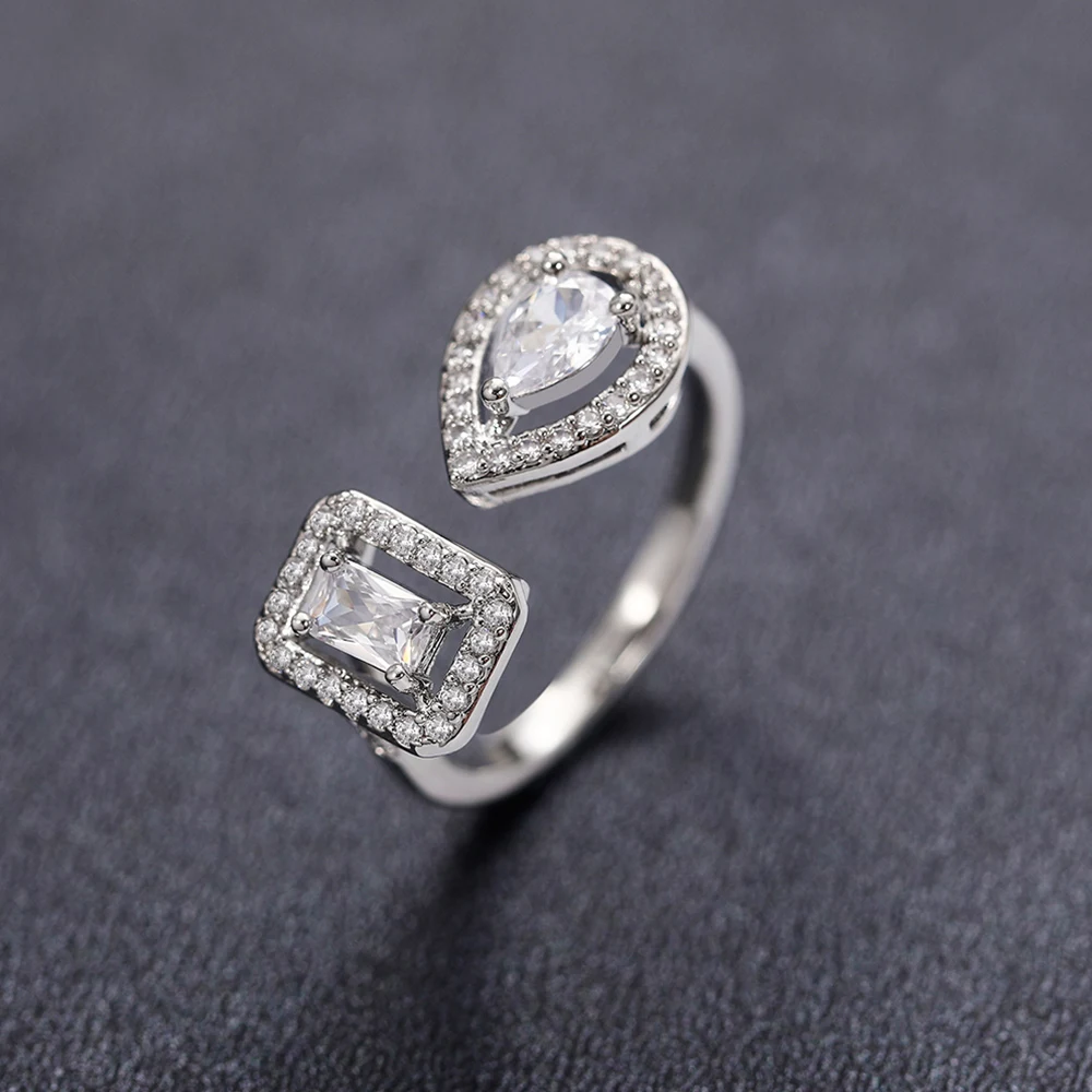 Huitan Geometric Shaped Cuff Opening Rings for Women Silver Color/Gold Color Noble Cubic Zirconia Ring Accessory Fashion Jewelry