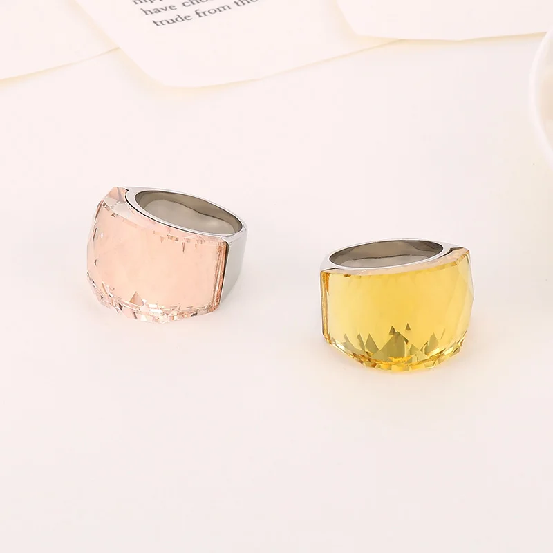 Stainless Steel For Women Large Crystal Glass Stone Pink Color Knuckle Charm Engagement Rings Trendy Wedding Bands Party Jewelry