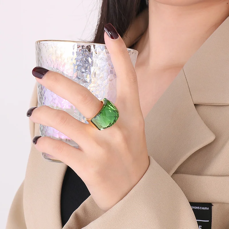 Stainless Steel For Women Large Crystal Glass Stone Pink Color Knuckle Charm Engagement Rings Trendy Wedding Bands Party Jewelry