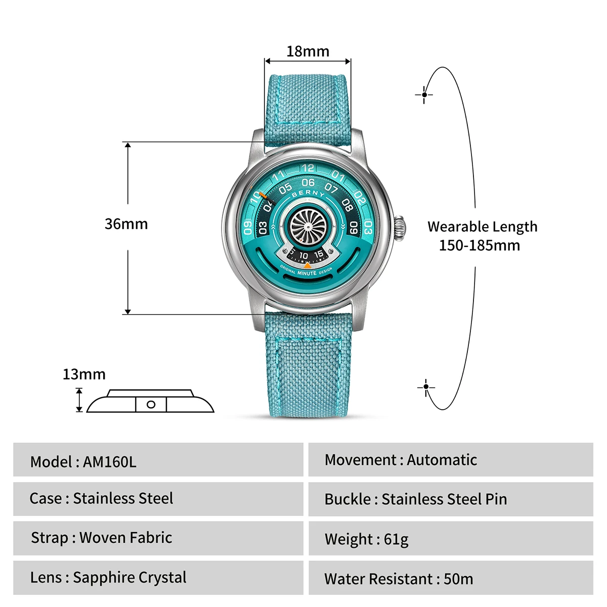 BERNY Watches for Men and Women Super Luminous 36mm Case Small Dial Automatic Mechanical Men's Watch Sapphire Casual Wristwatch
