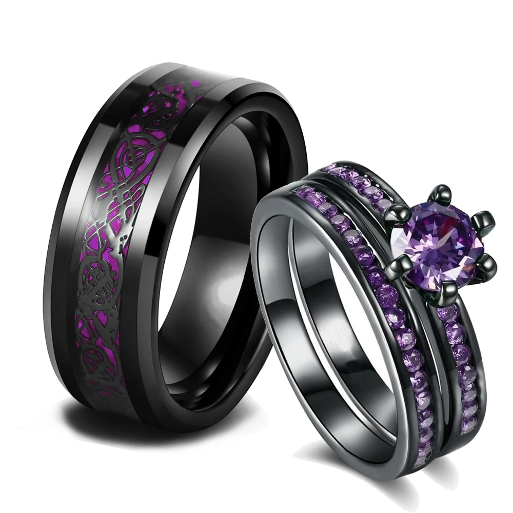 Fashion Couple Rings Vintage Stainless Steel Men Wedding Ring Elegant Women Square Cut Zircon Rings Set Engagement Jewelry Gifts