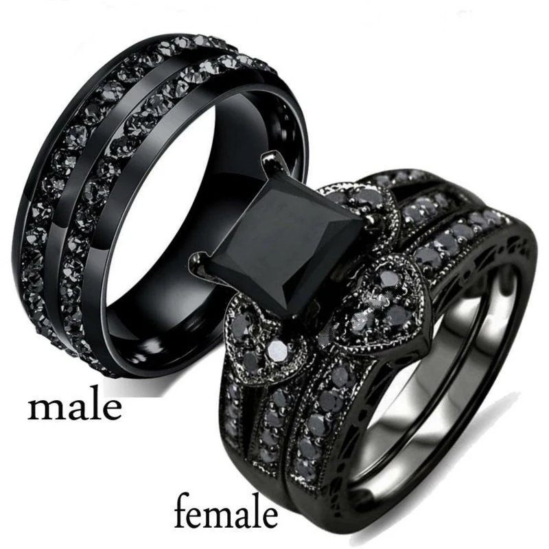 Fashion Couple Rings Vintage Stainless Steel Men Wedding Ring Elegant Women Square Cut Zircon Rings Set Engagement Jewelry Gifts