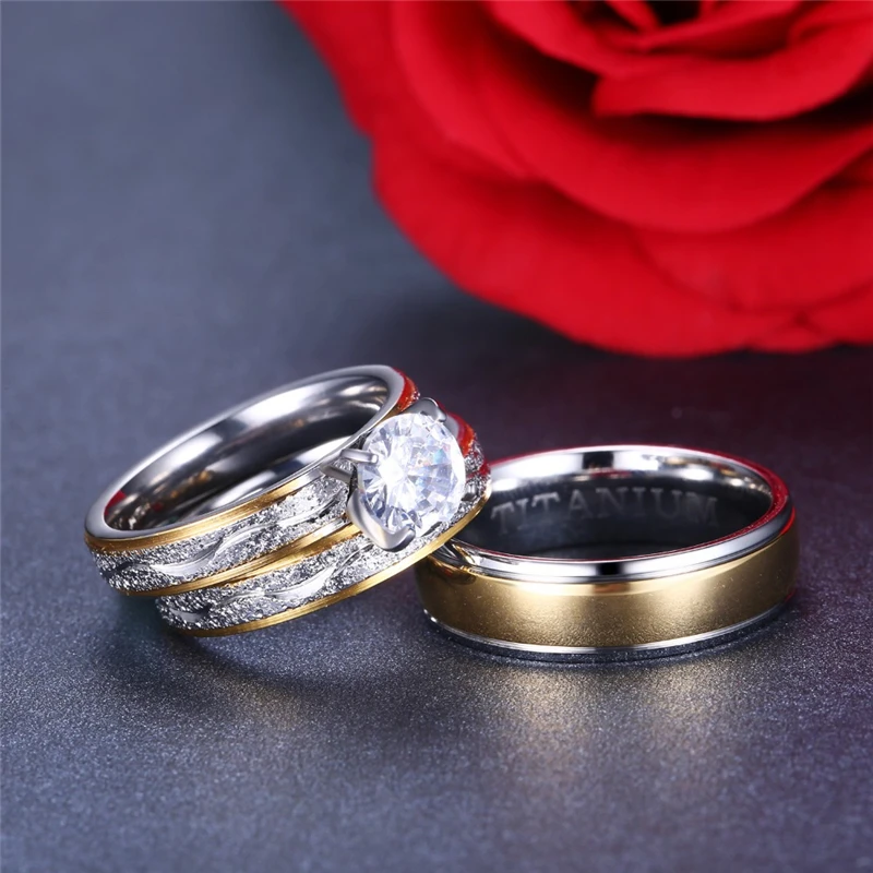 Fashion Couple Rings Vintage Stainless Steel Men Wedding Ring Elegant Women Square Cut Zircon Rings Set Engagement Jewelry Gifts